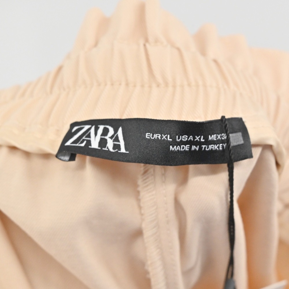 Zara Belted Tapered Pants Womens Size XL Beige Cotton Boho Hippie Paperbag Waist - Picture 6 of 10